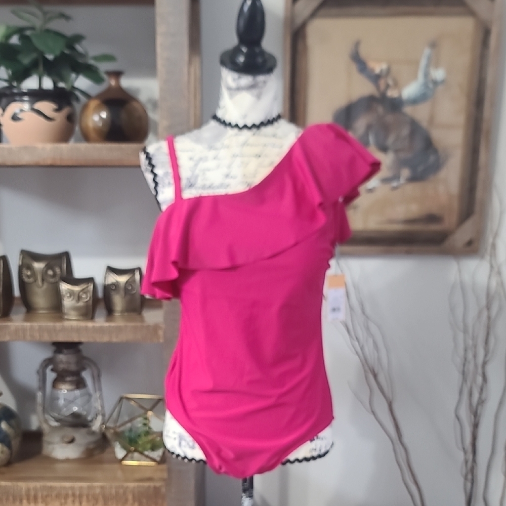 Kona Sol Hot Pink One-Shoulder Ruffle Bathing Suit